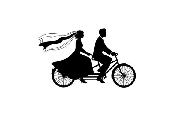 Capturing Romance: The Wedding Couple Riding Tandem Bicycle Vec