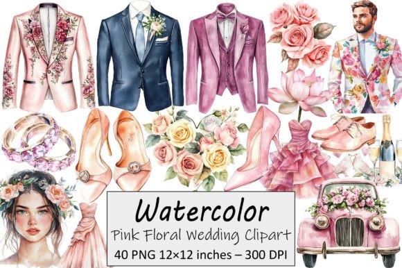 Elegant Pink Floral Wedding Clipart for Modern Projects