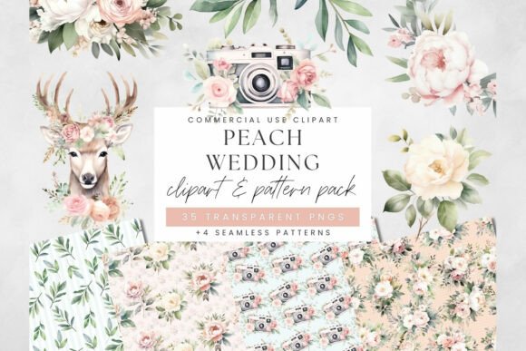 Soft Peach Watercolor Elements for Wedding Stationery