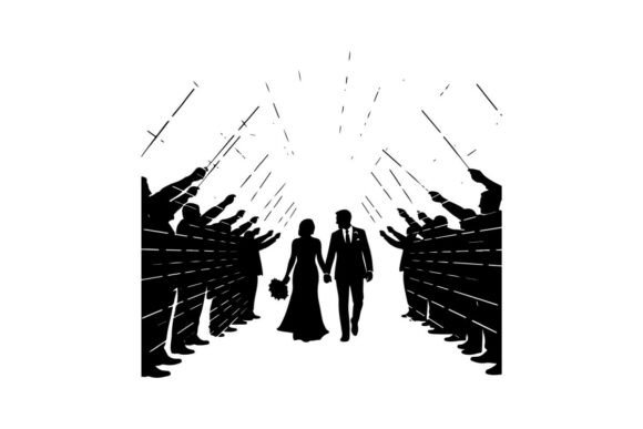 Wedding Couple Walking Through a Ceremony Silhouette Clip Art